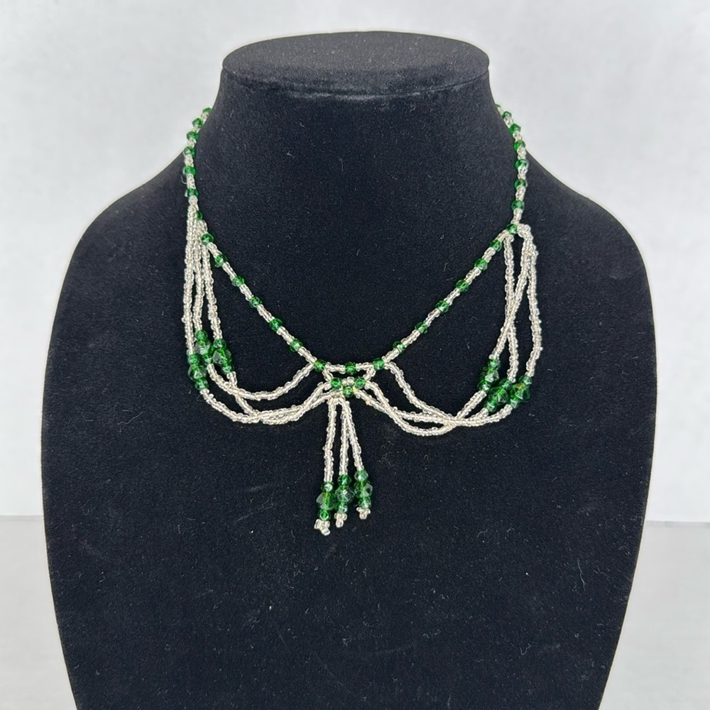 Antique estate 1930s Green and Clear Beaded Necklace Lot A17